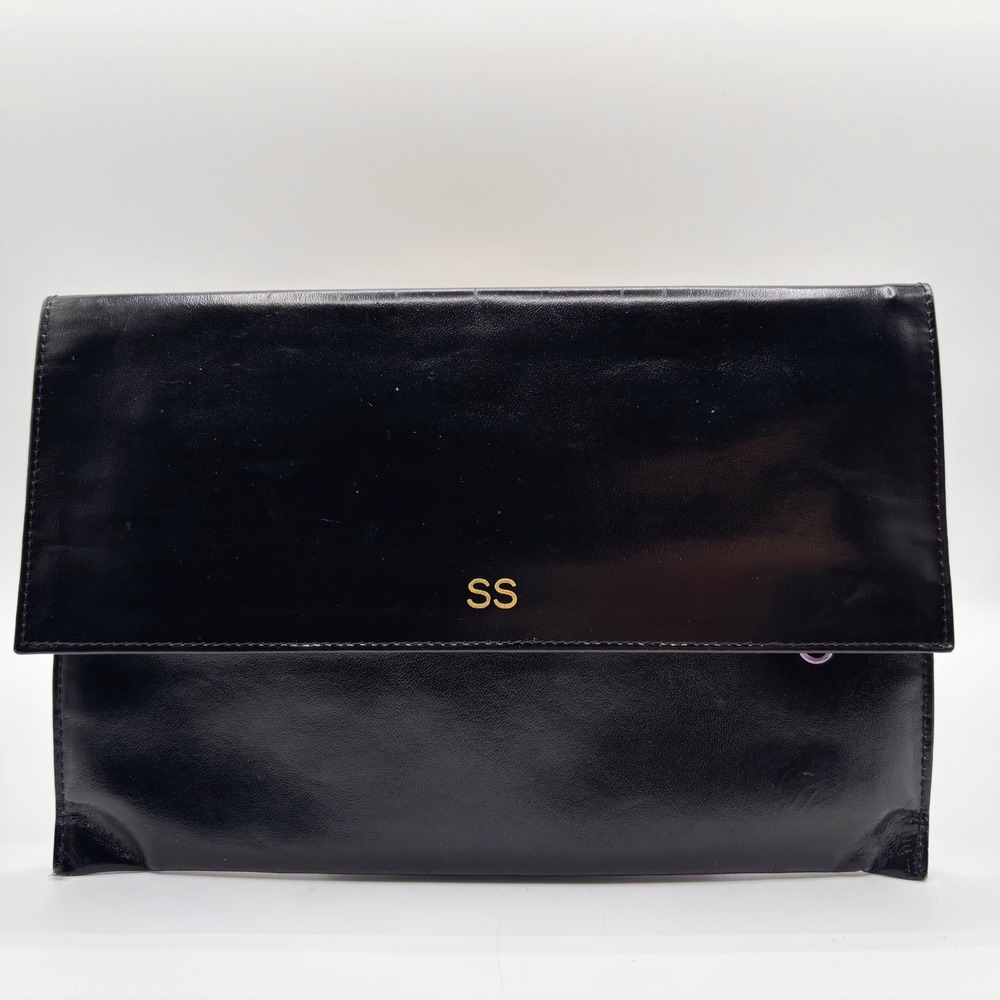Lillian Vernon Black Leather Monogrammed SS Travel‎ Jewelry Clutch Vintage 80s